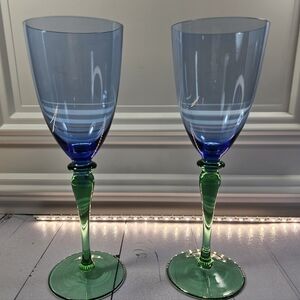 Crate & Barrel Wine Glasses in Blue & Green as a Set Of 2